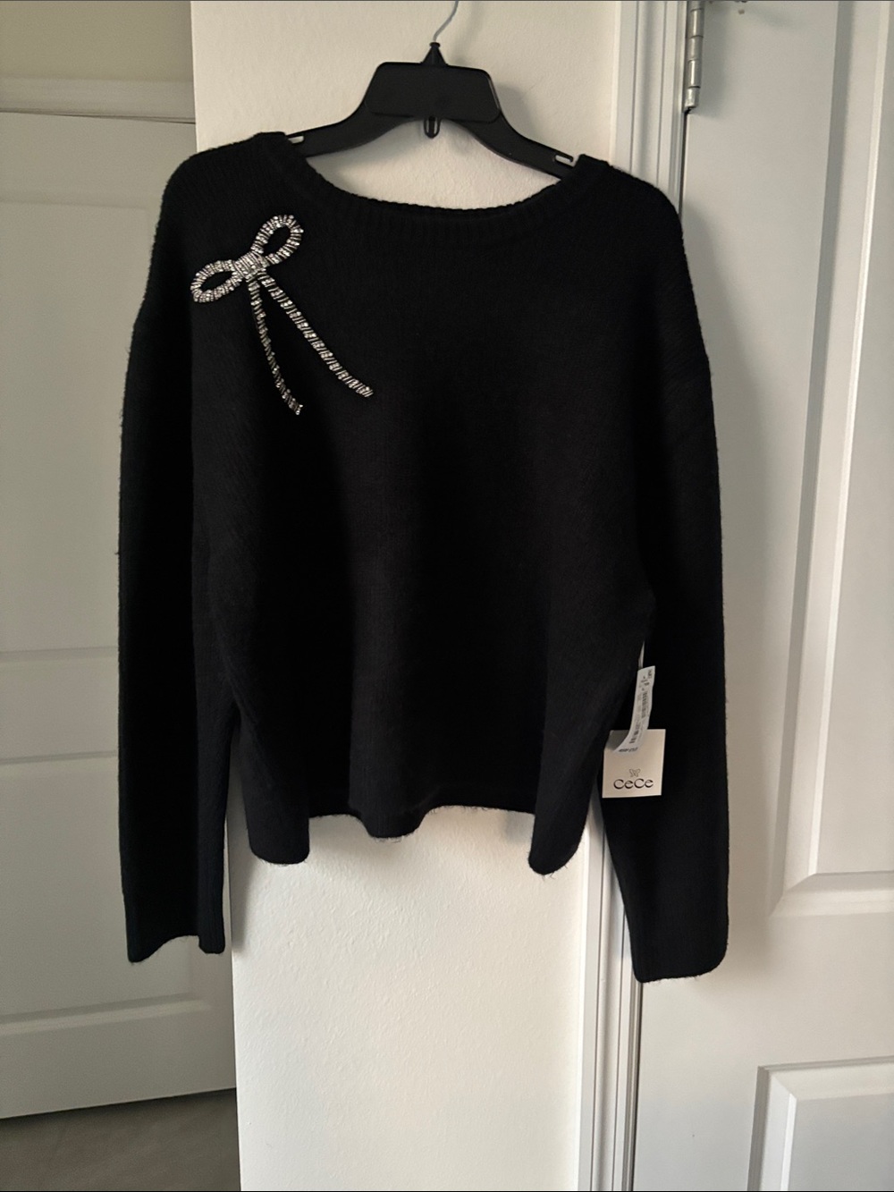 CeCe Black Crewneck Sweater with Rhinestone Bow - Picture 3 of 5